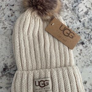 UGG Kids Beige Knit Beanie with Brown Pom